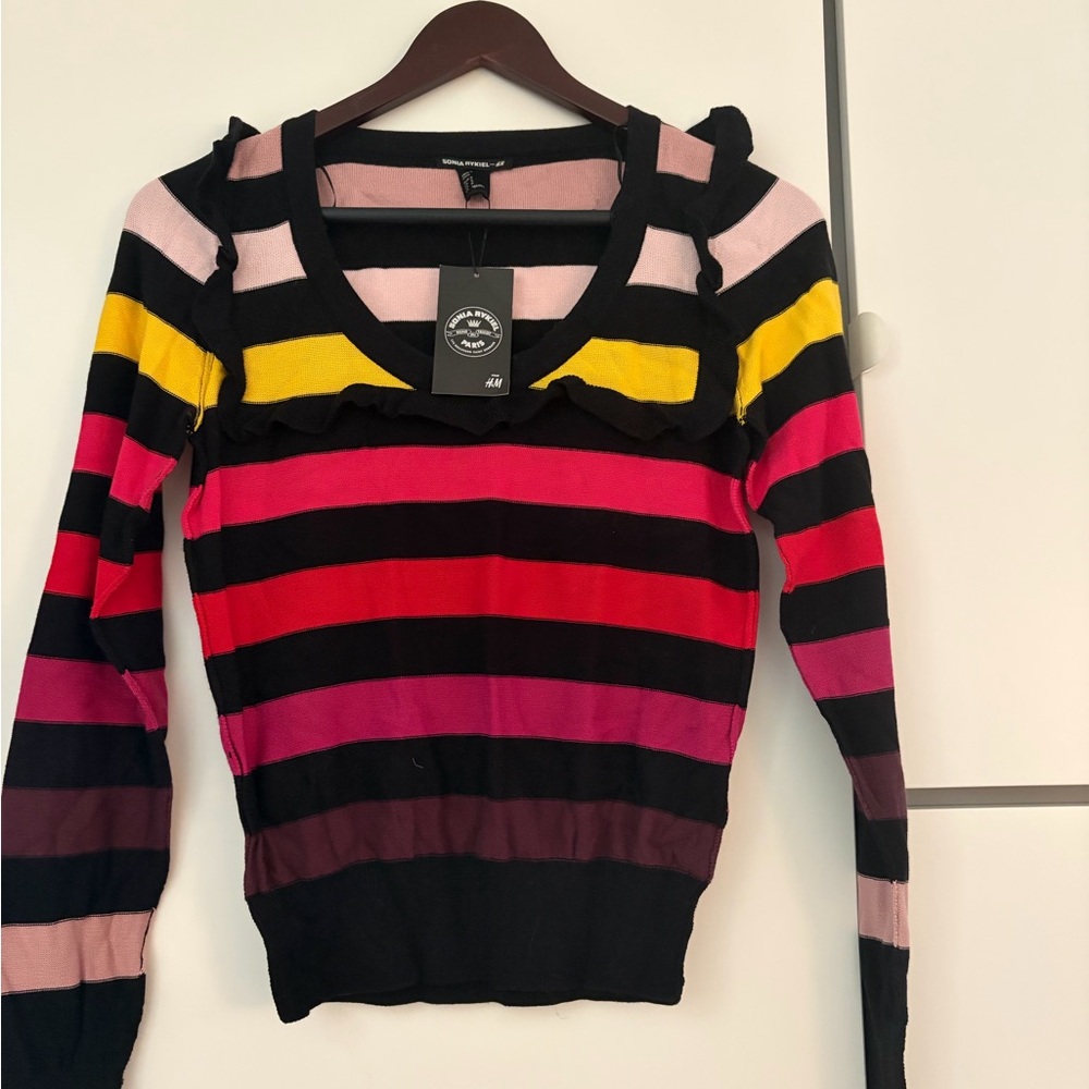 Sonia Rykiel Black Pink Red Yellow Striped V-Neck Sweater
